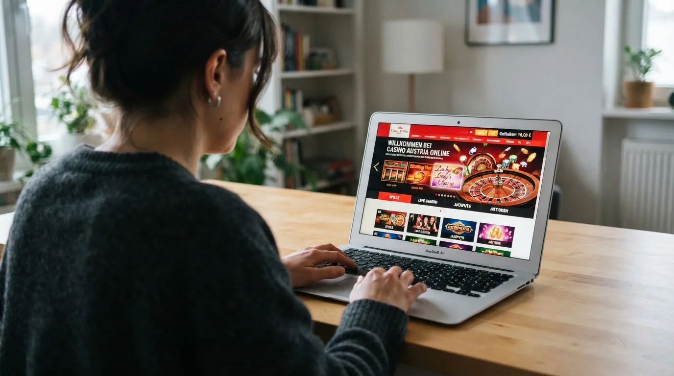Person am Laptop liest eine Übersichtsseite zu Glücksspielen im Internet — 10 euro bonus ohne einzahlung casino