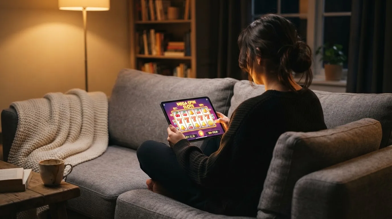 Person sitzt entspannt auf einem Sofa und blickt konzentriert auf ein Tablet in gedämpftem Wohnzimmerlicht am Abend.