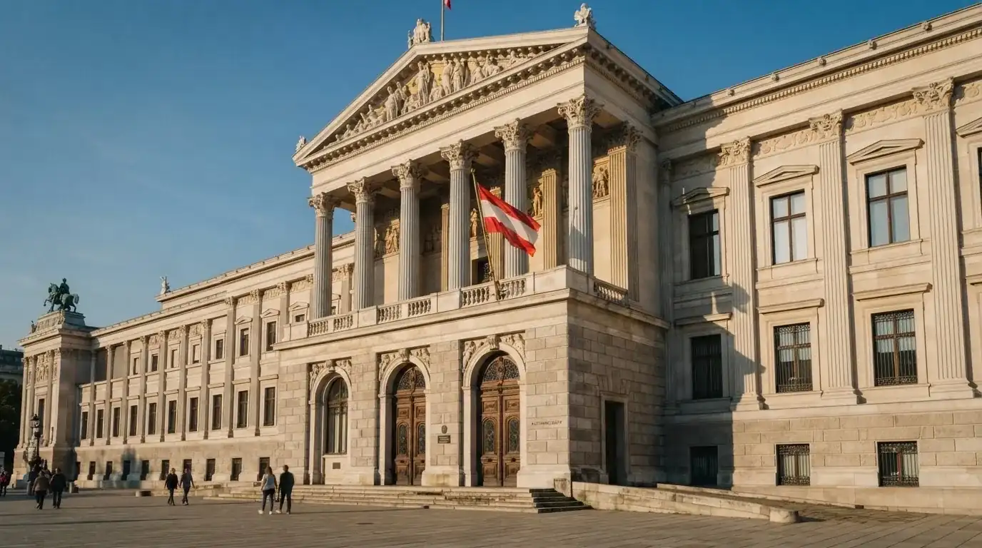 Fassade eines klassizistischen Wiener Amtsgebäudes mit österreichischer Flagge an einem klaren Nachmittag.