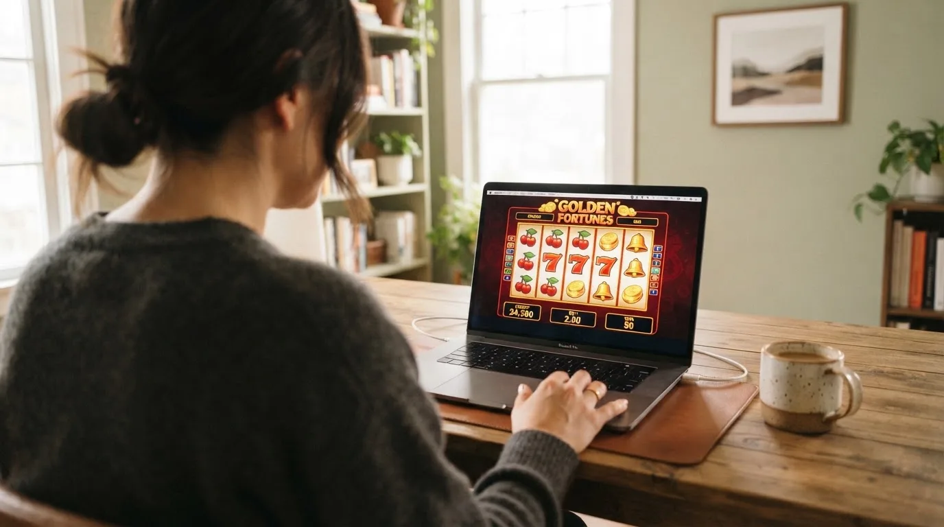 Person am Laptop liest eine Übersichtsseite zu Glücksspielen im Internet — 15 euro bonus ohne einzahlung casino