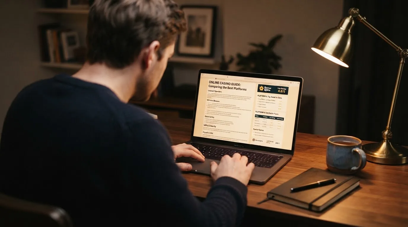 Person am Laptop liest eine Übersichtsseite zu Glücksspielen im Internet — 150 freispiele ohne einzahlung