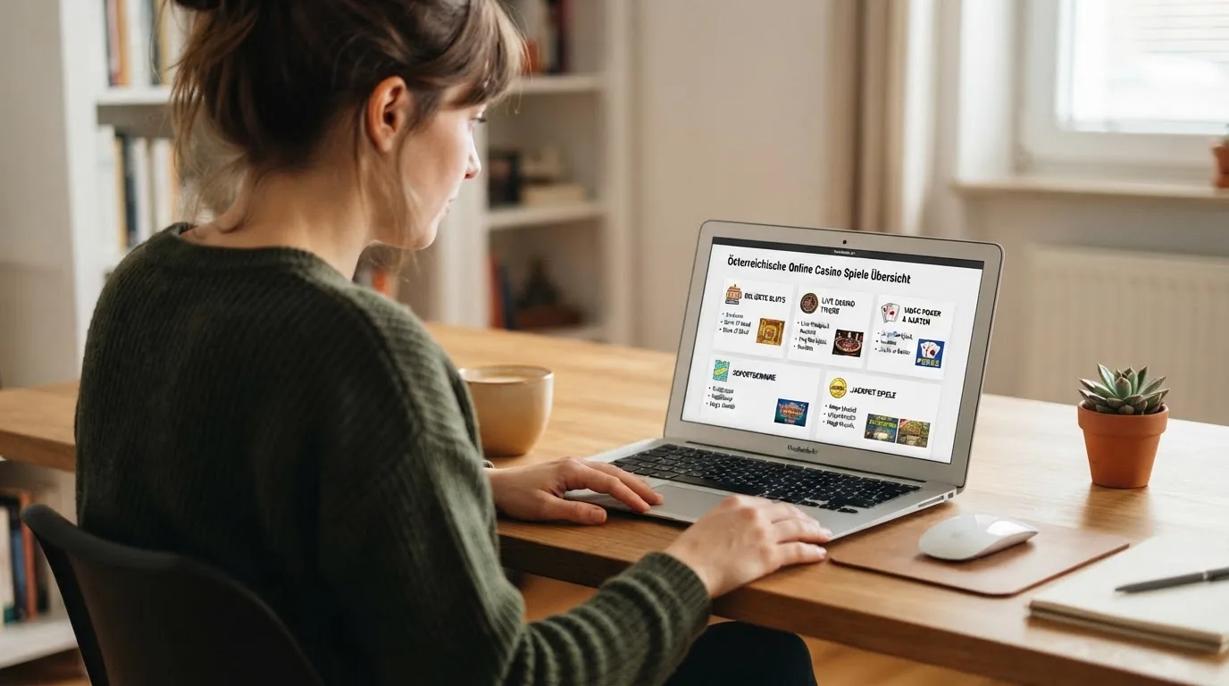 Person am Laptop liest eine Übersichtsseite zu Glücksspielen im Internet — 20 freispiele ohne einzahlung