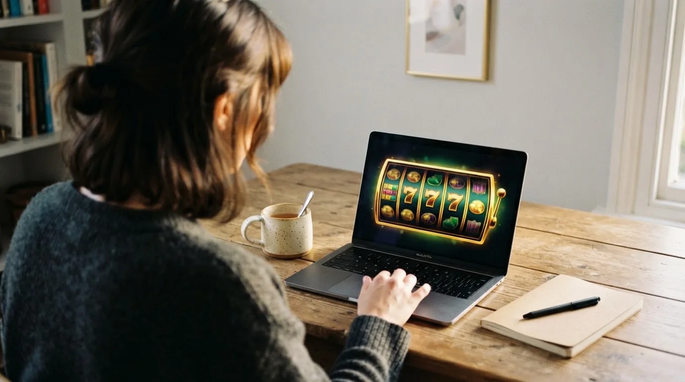 Person am Laptop liest eine Übersichtsseite zu Glücksspielen im Internet — 30 euro bonus ohne einzahlung casino