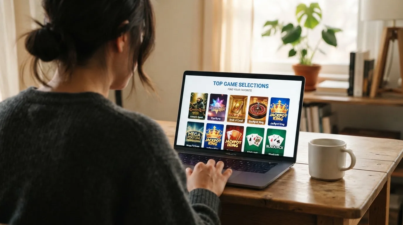 Person am Laptop liest eine Übersichtsseite zu Glücksspielen im Internet — 5 euro bonus ohne einzahlung casino