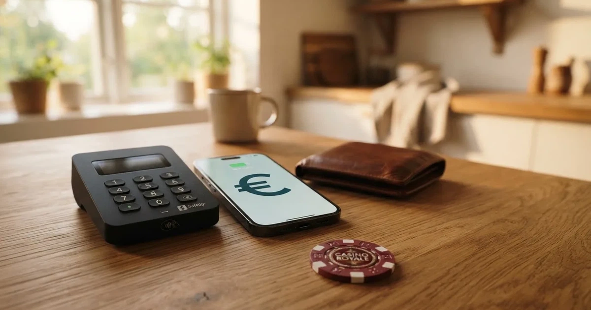 Kartenterminal und Smartphone auf einem Holztisch neben einer Geldbörse — 5 euro bonus ohne einzahlung casino