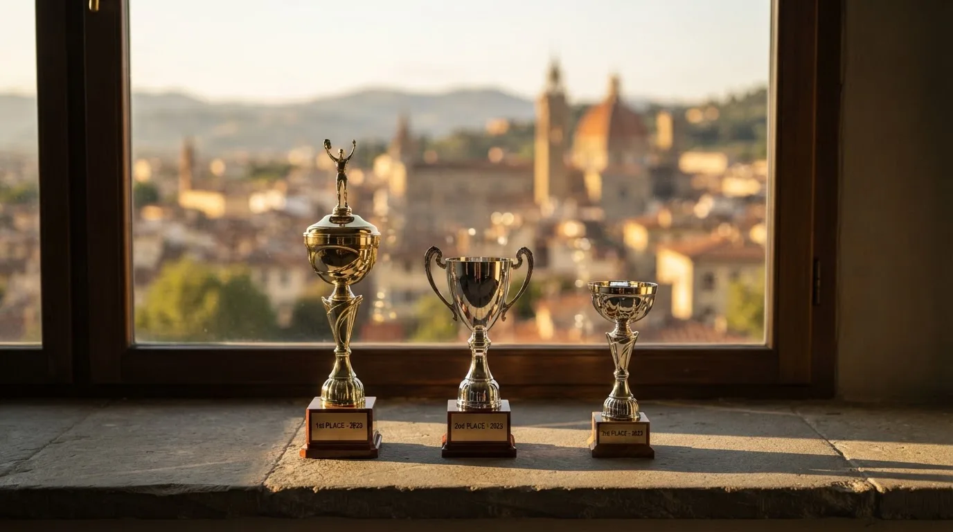 Mehrere aufgereihte Trophäen stehen unscharf im Hintergrund vor einem Fenster mit Blick auf eine Stadt.