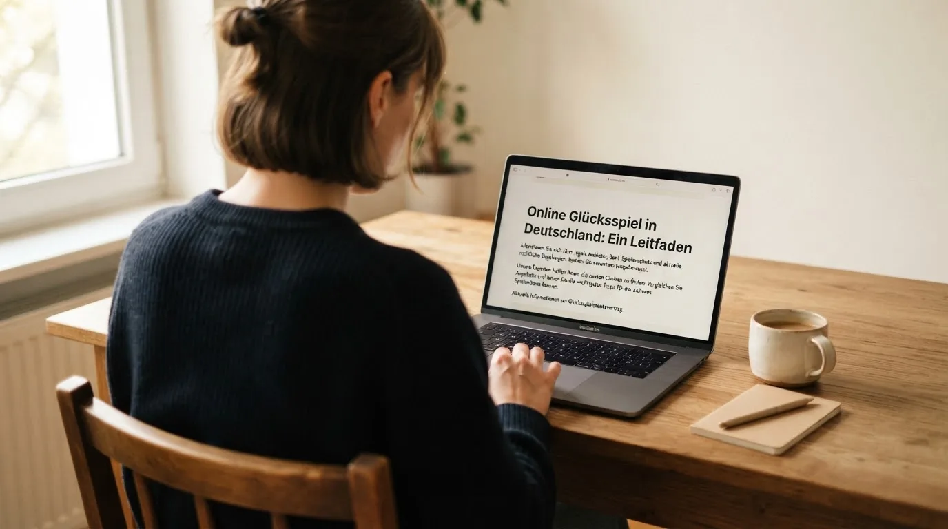 Person am Laptop liest eine Übersichtsseite zu Glücksspielen im Internet — aviator online casino