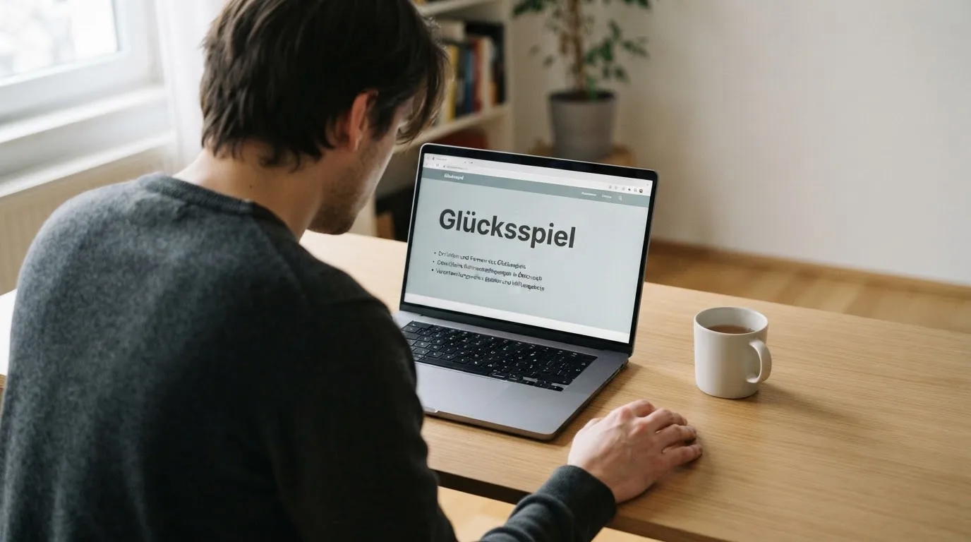 Person am Laptop liest eine Übersichtsseite zu Glücksspielen im Internet — best crypto casino österreich