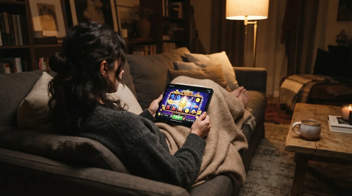 Person sitzt entspannt auf einem Sofa und blickt konzentriert auf ein Tablet in gedämpftem Wohnzimmerlicht am Abend.