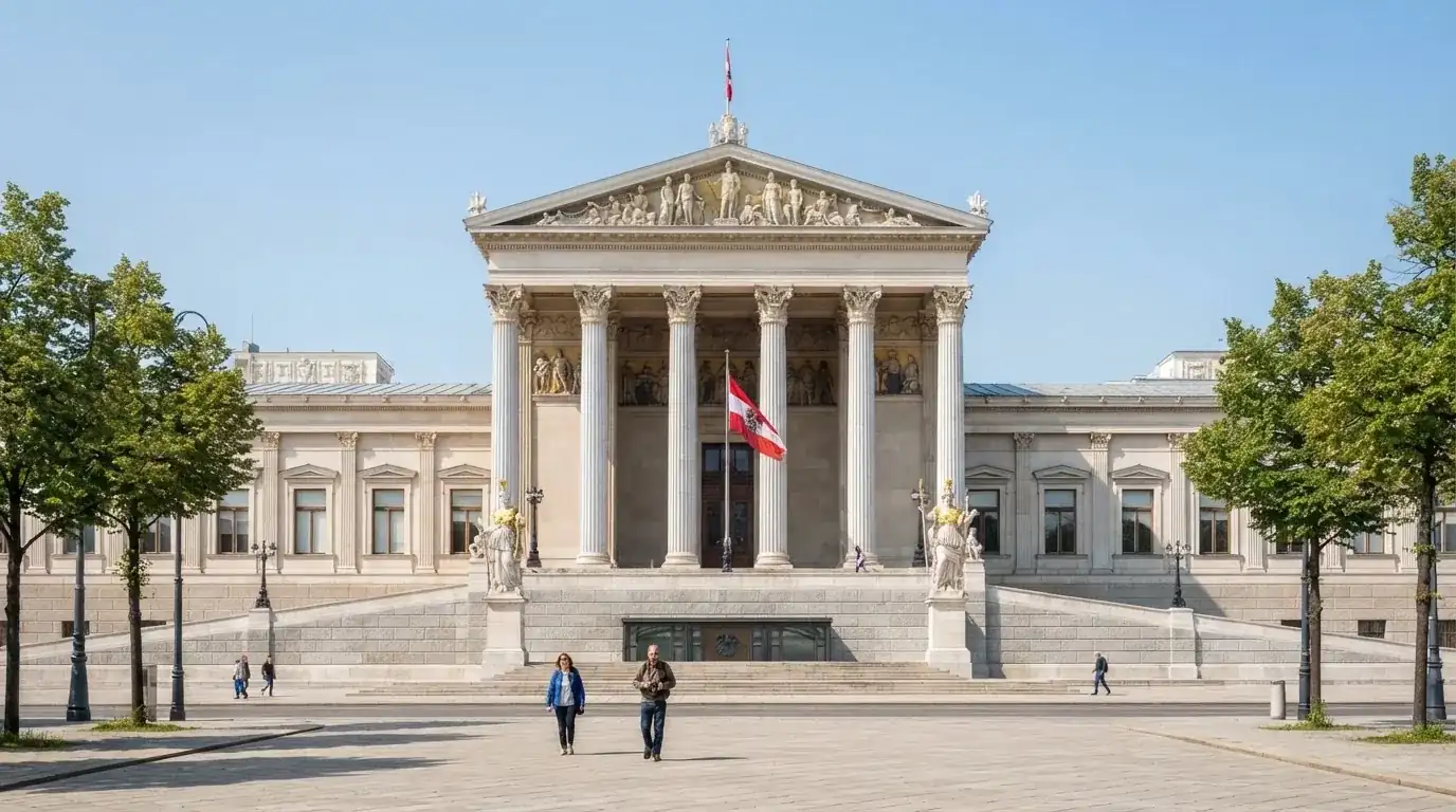 Fassade eines klassizistischen Wiener Amtsgebäudes mit österreichischer Flagge an einem klaren Nachmittag.