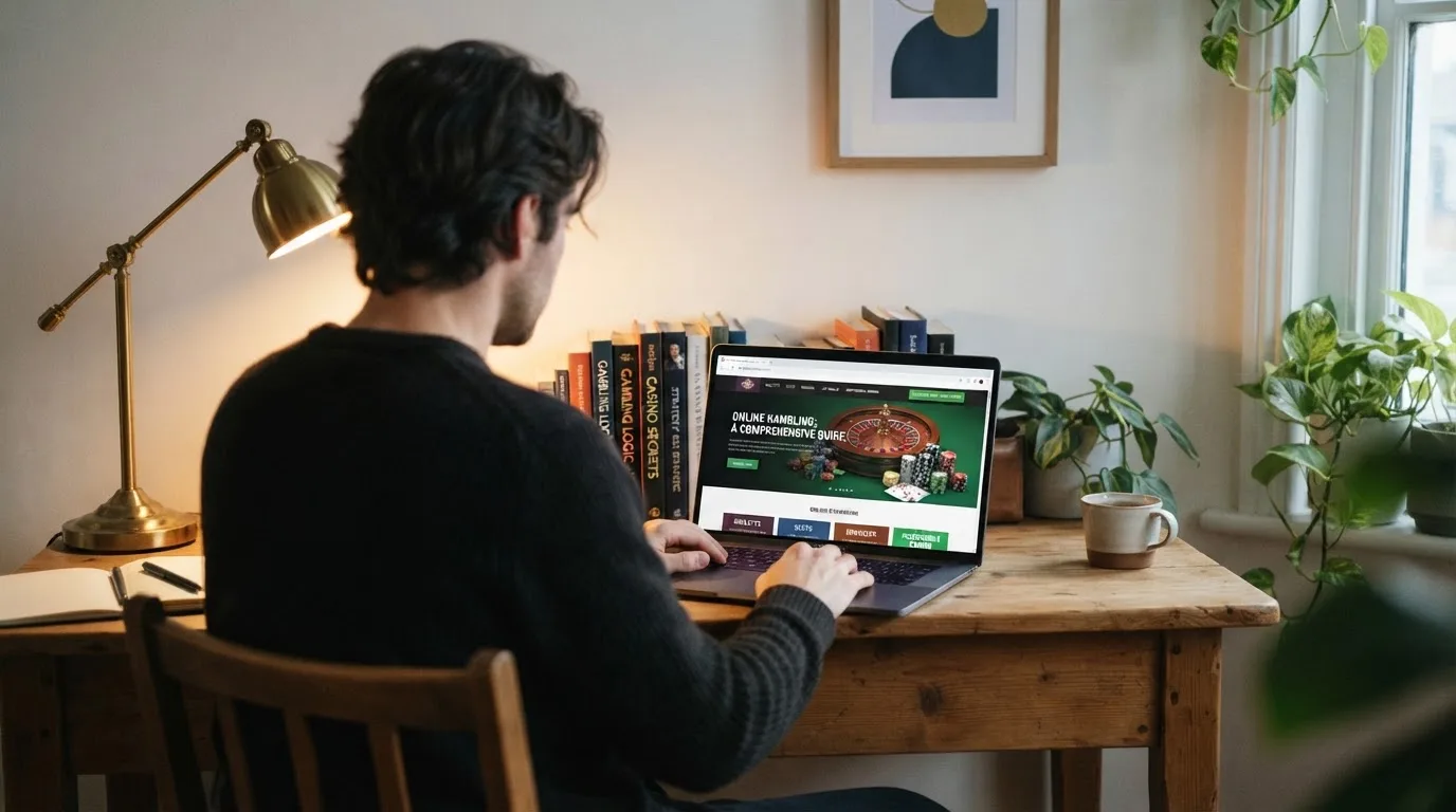 Person am Laptop liest eine Übersichtsseite zu Glücksspielen im Internet — beste casino mit schneller auszahlung