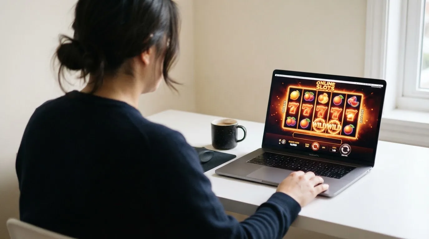 Person am Laptop liest eine Übersichtsseite zu Glücksspielen im Internet — beste casino ohne verifizierung auszahlen
