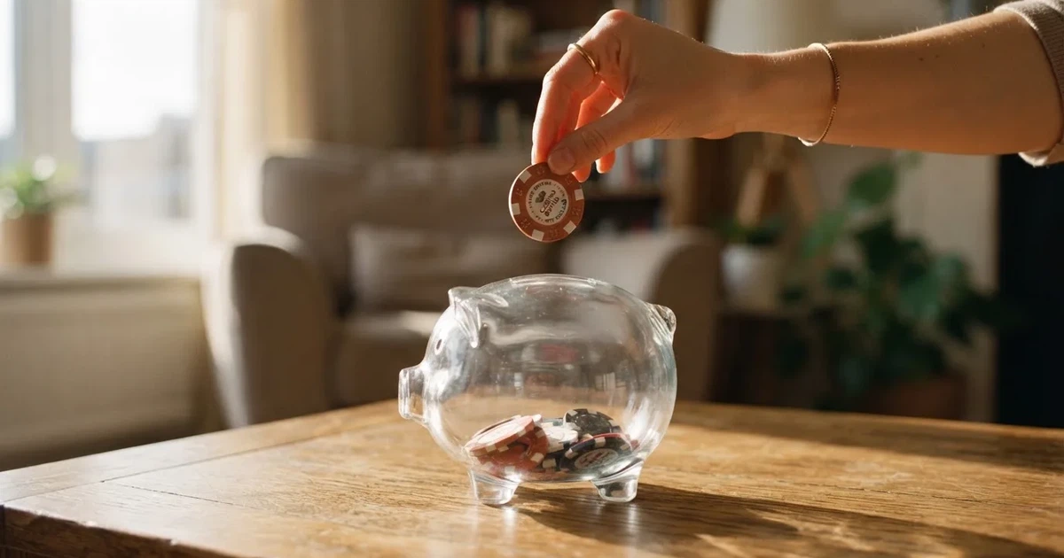 Nahaufnahme einer Hand, die Münzen in ein Sparschwein aus Glas auf einem Holztisch steckt.