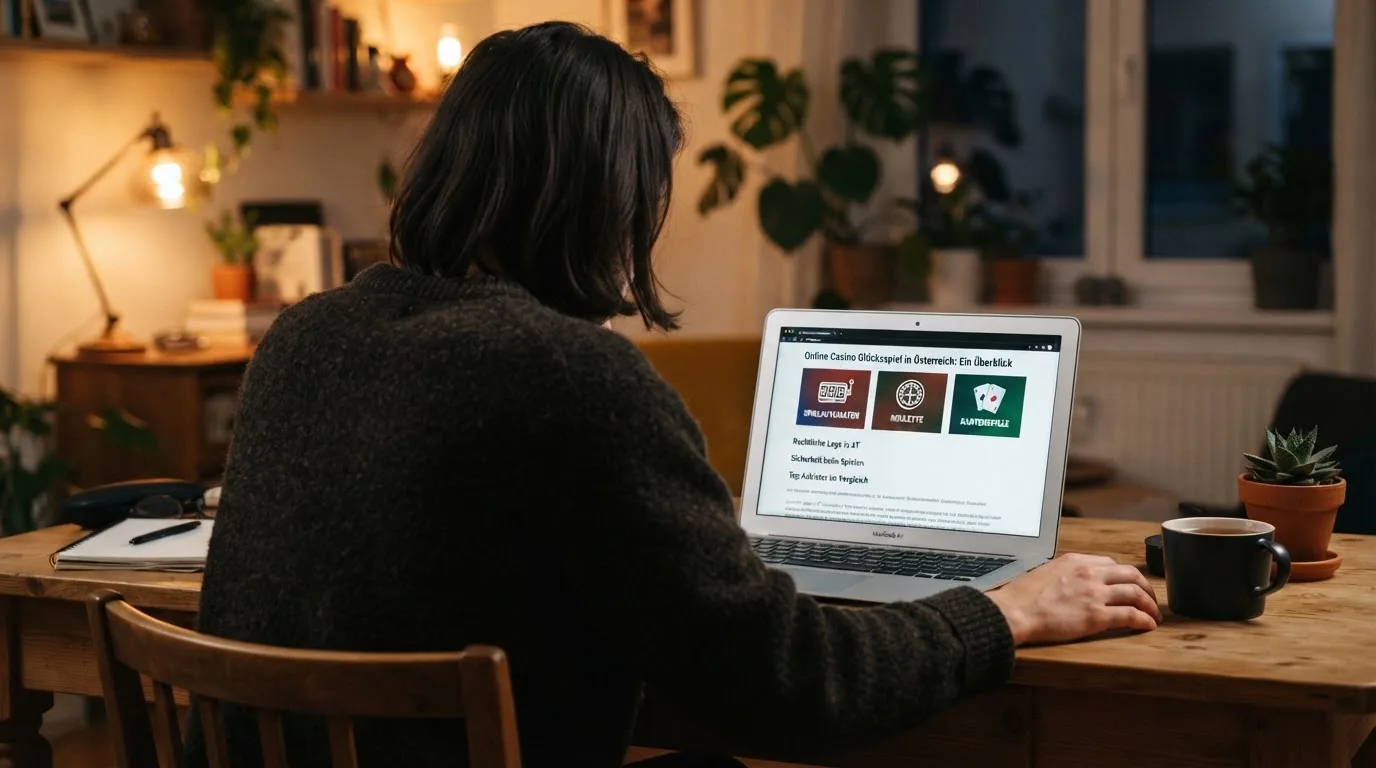 Person am Laptop liest eine Übersichtsseite zu Glücksspielen im Internet — beste craps online casinos österreich