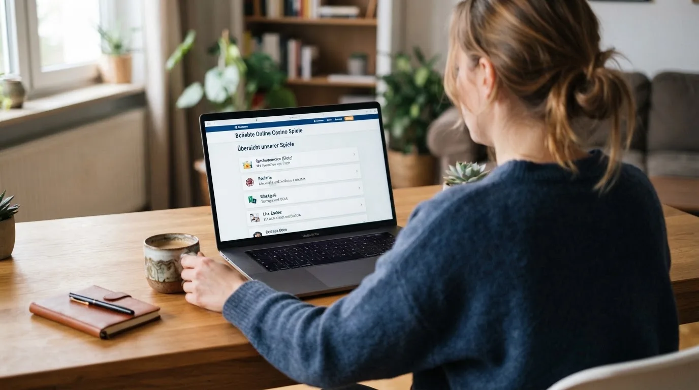 Person am Laptop liest eine Übersichtsseite zu Glücksspielen im Internet — beste live baccarat österreich