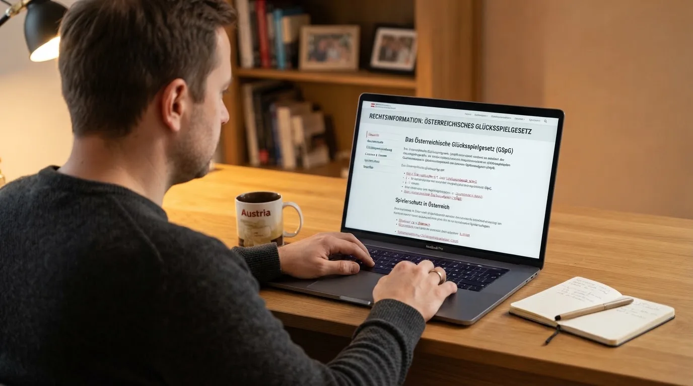 Person am Laptop liest eine Übersichtsseite zu Glücksspielen im Internet — beste online casino ausland