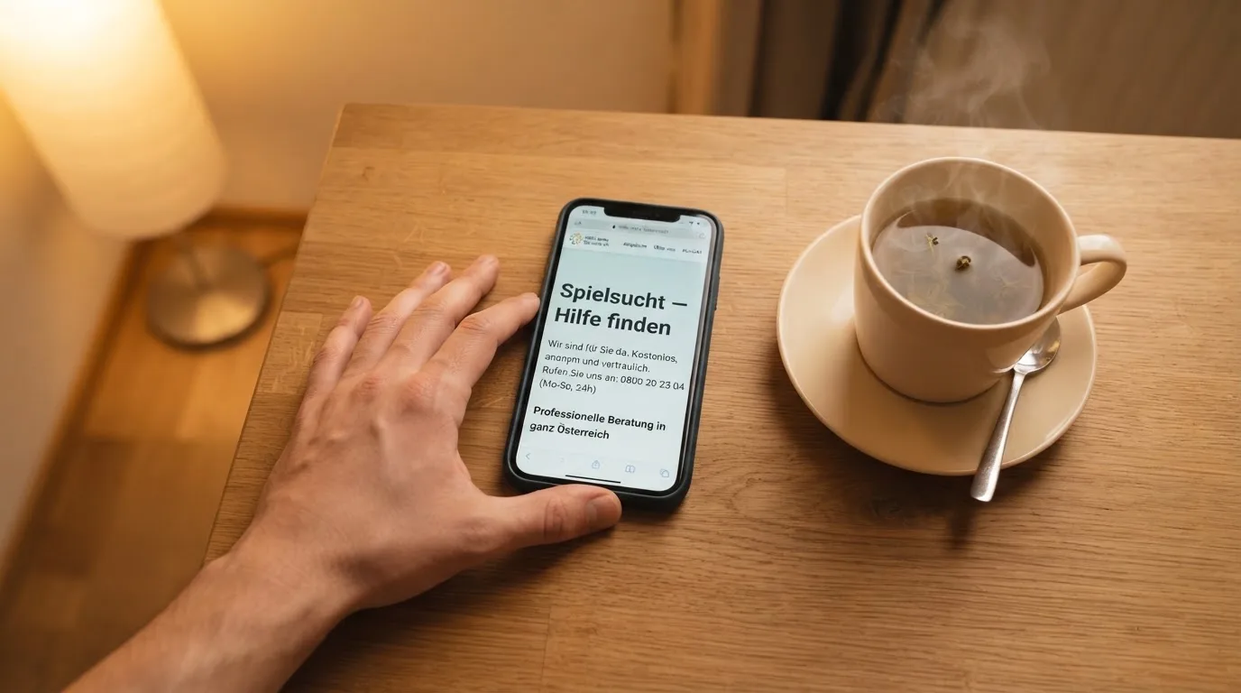 Hand hält ein Smartphone, daneben eine Tasse Tee, ruhige Abendstimmung am Küchentisch — beste online casino ausland