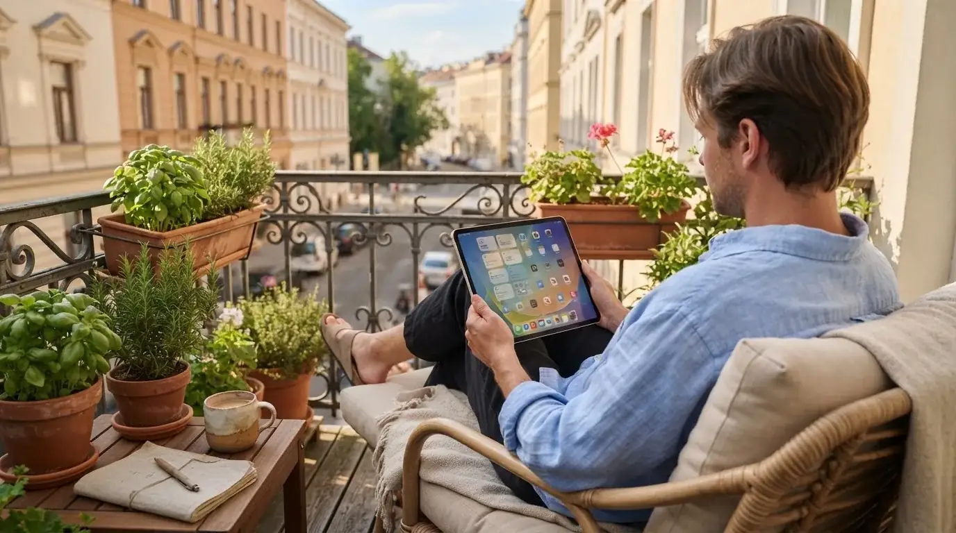 Person sitzt entspannt mit einem Tablet auf dem Balkon eines modernen Apartments.