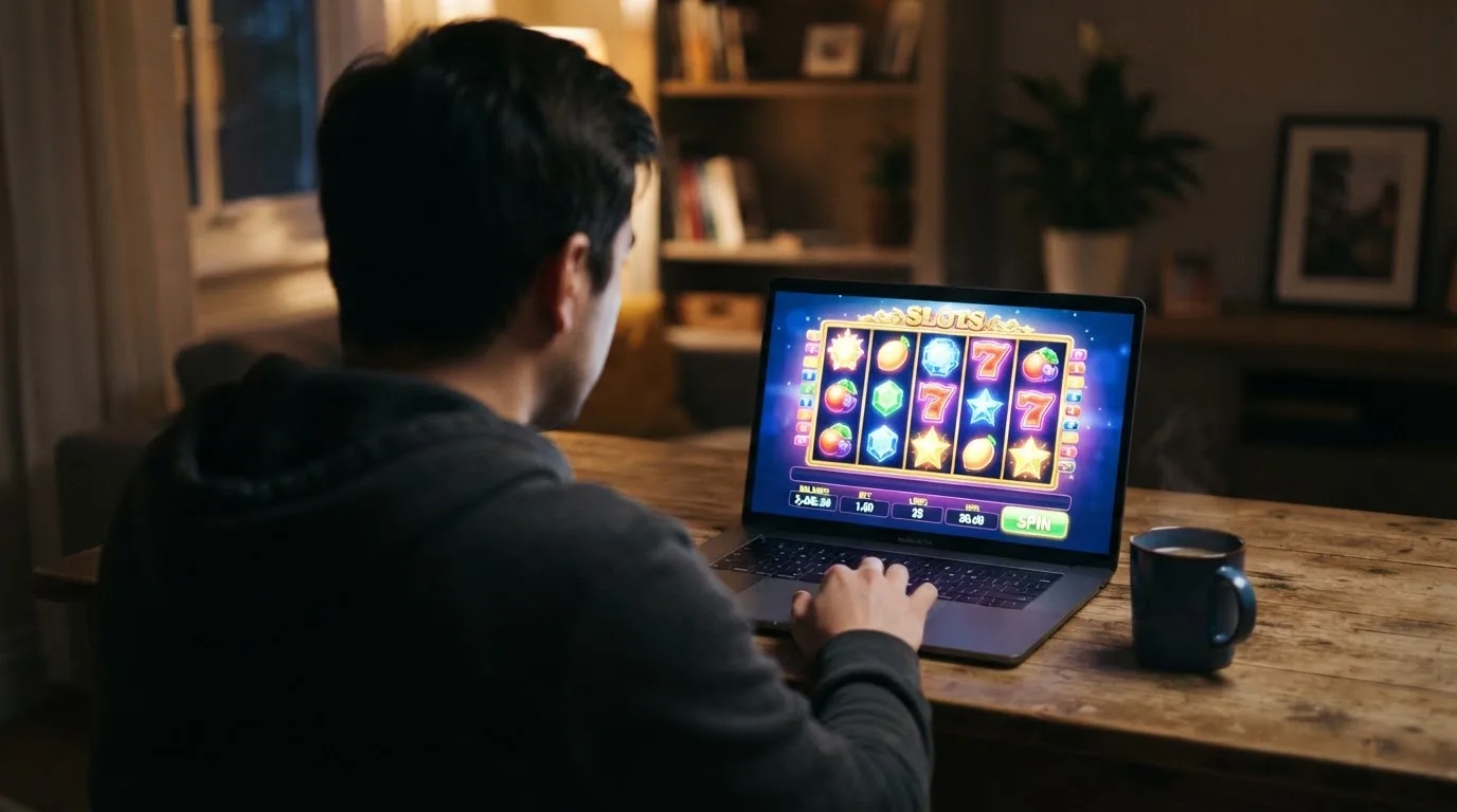 Person am Laptop liest eine Übersichtsseite zu Glücksspielen im Internet — beste online casino mit cashtocode bezahlen
