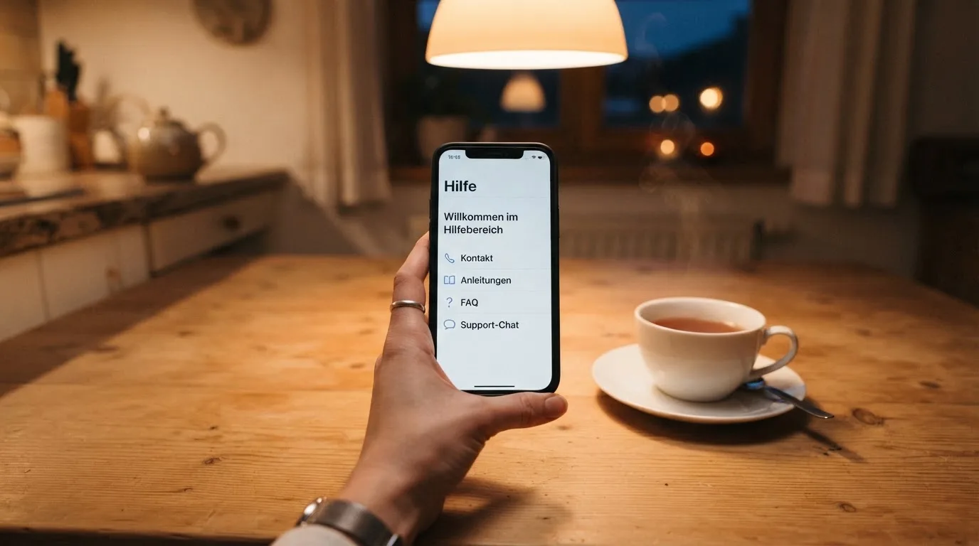 Hand hält ein Smartphone, daneben eine Tasse Tee, ruhige Abendstimmung am Küchentisch — beste online casino österreich