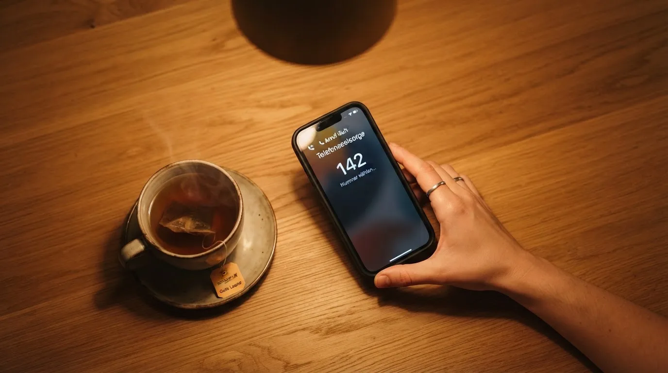 Hand hält ein Smartphone, daneben eine Tasse Tee, ruhige Abendstimmung am Küchentisch — beste online casinos echtgeld