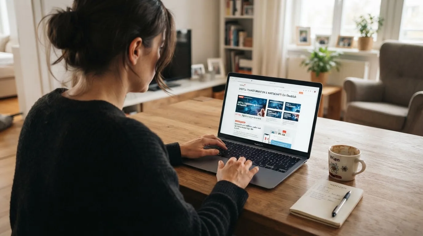 Person am Laptop liest eine Übersichtsseite zu Glücksspielen im Internet — beste online casinos mit österreichischer lizenz
