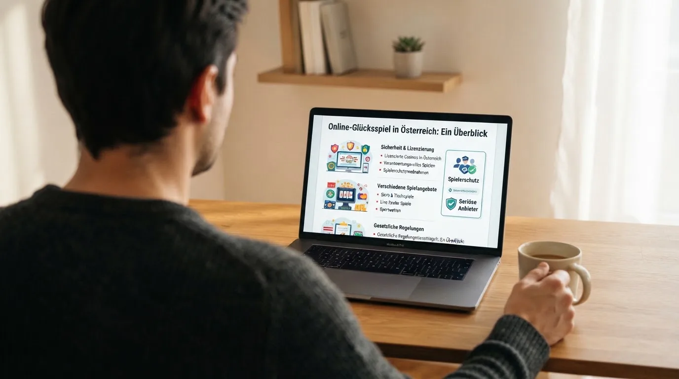 Person am Laptop liest eine Übersichtsseite zu Glücksspielen im Internet — beste online casinos österreich mit no deposit bonus