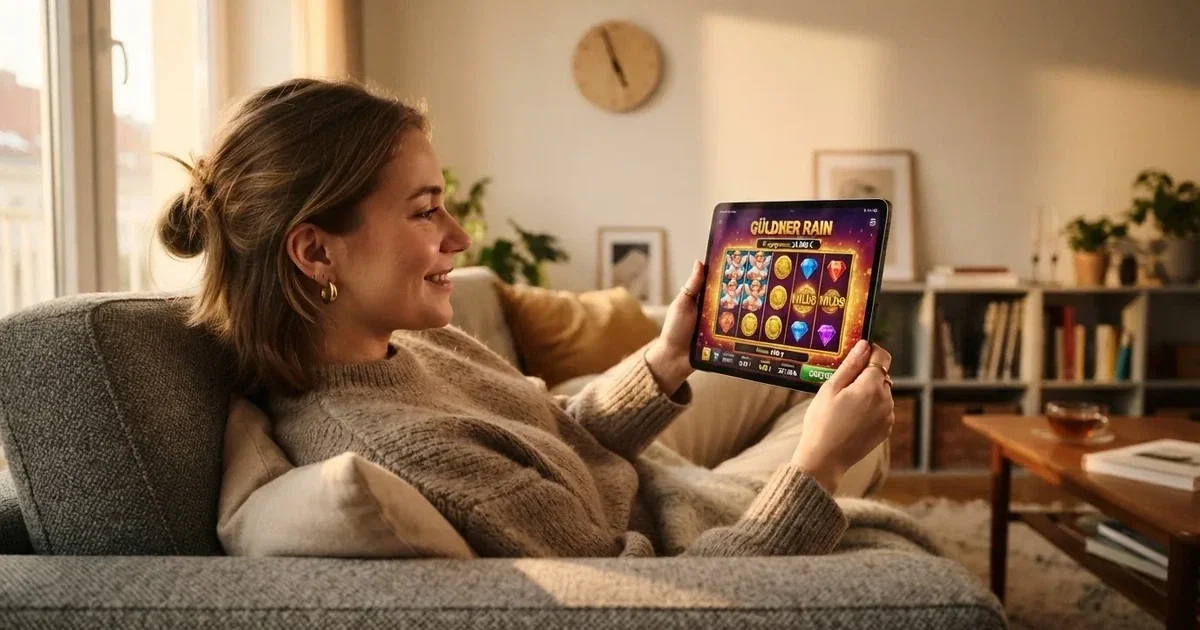 Person am Sofa schaut nachdenklich auf ein Tablet, im Hintergrund eine Uhr — beste online casinos österreich mit no deposit bonus