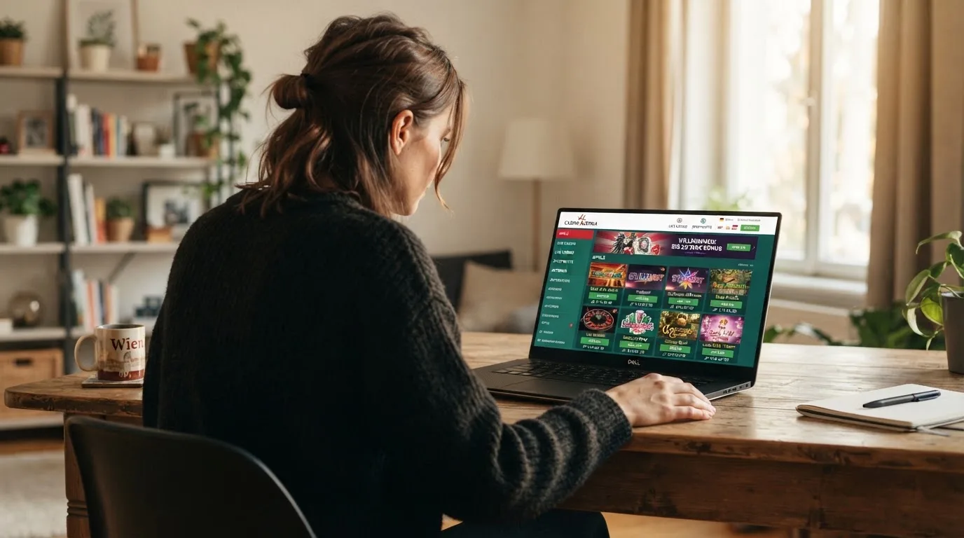 Person am Laptop liest eine Übersichtsseite zu Glücksspielen im Internet — beste online casinos ohne verifizierung
