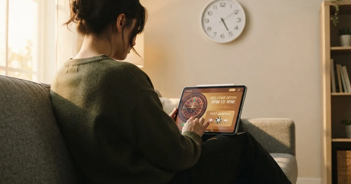 Person am Sofa schaut nachdenklich auf ein Tablet, im Hintergrund eine Uhr — bester willkommensbonus online casino
