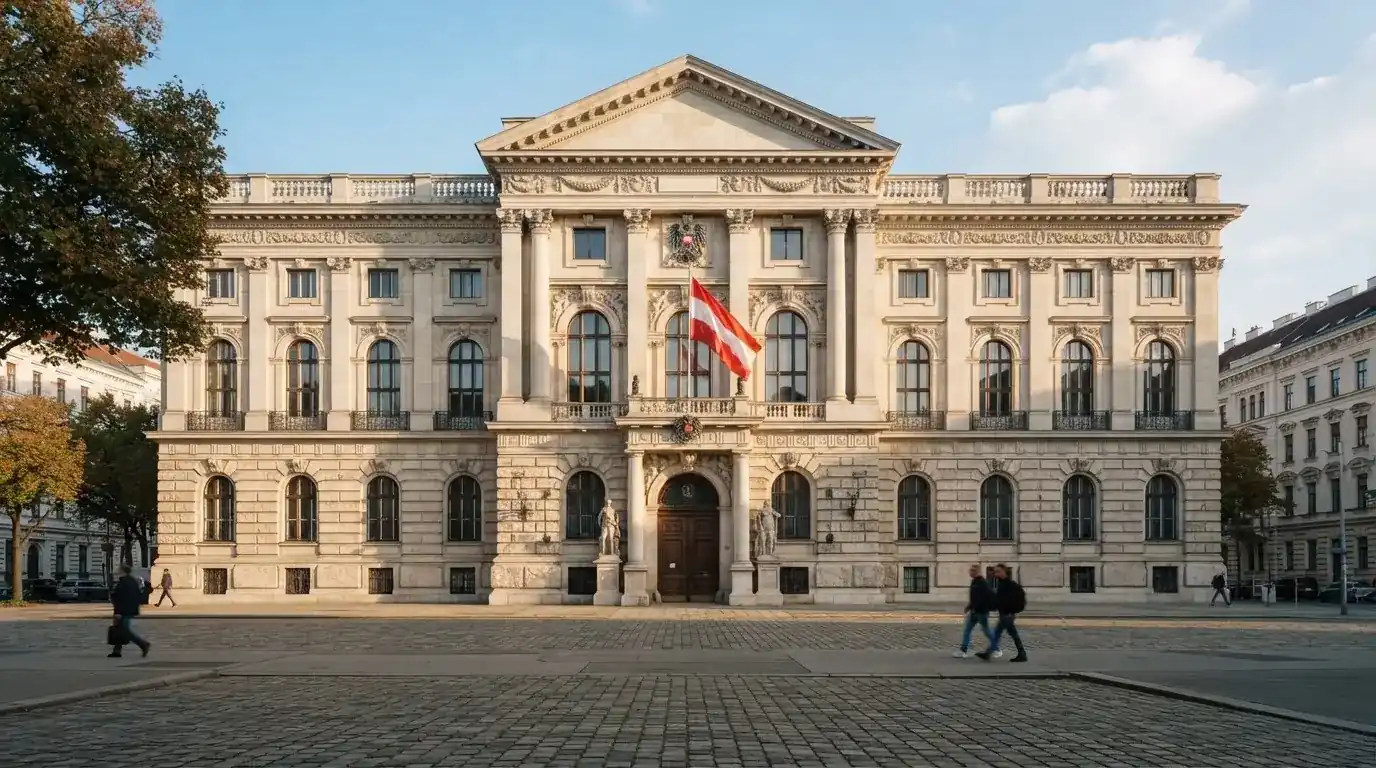 Fassade eines klassizistischen Wiener Amtsgebäudes mit österreichischer Flagge an einem klaren Nachmittag.