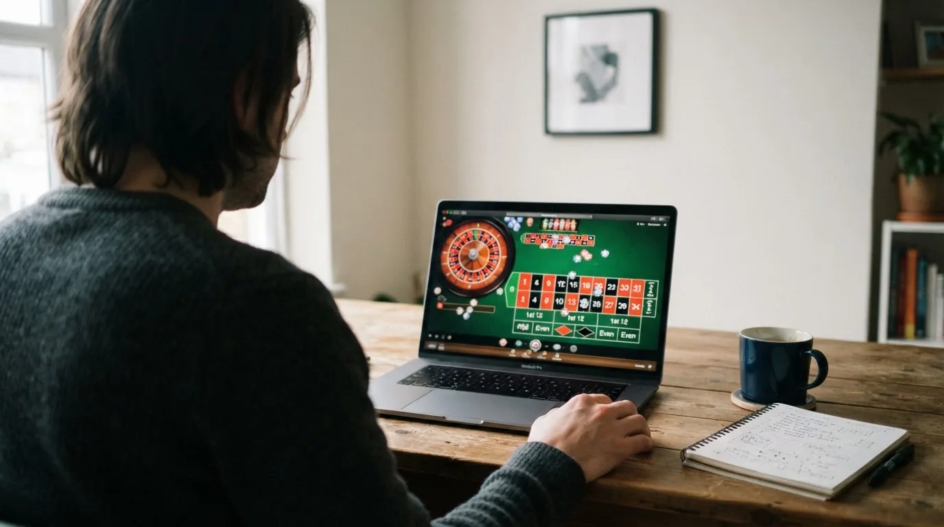 Person am Laptop liest eine Übersichtsseite zu Glücksspielen im Internet — casino bonus ohne einzahlung