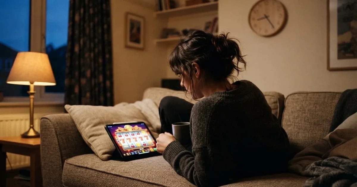 Person am Sofa schaut nachdenklich auf ein Tablet, im Hintergrund eine Uhr — casino bonus ohne einzahlung
