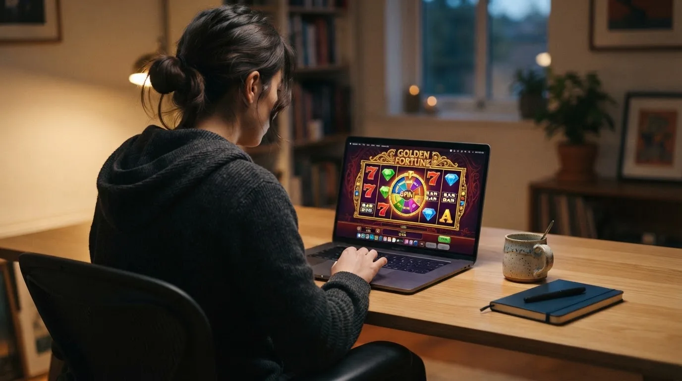 Person am Laptop liest eine Übersichtsseite zu Glücksspielen im Internet — casino guthaben ohne einzahlung