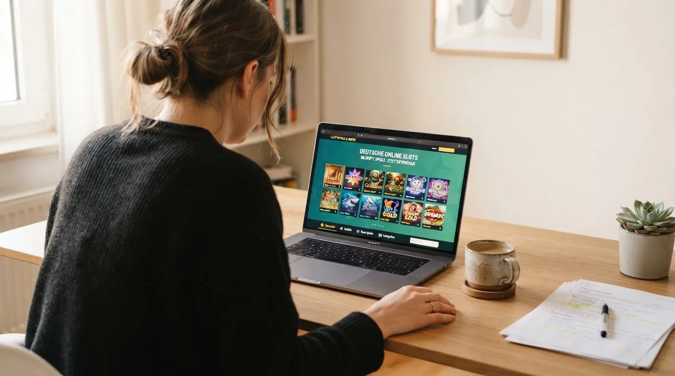 Person am Laptop liest eine Übersichtsseite zu Glücksspielen im Internet — casino online mit bonus ohne einzahlung