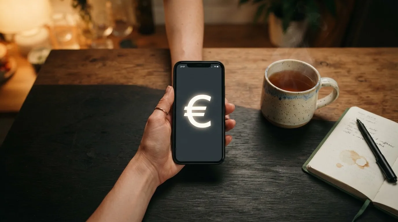 Hand hält ein Smartphone, daneben eine Tasse Tee, ruhige Abendstimmung am Küchentisch — freie 90 tage qualifikationszeitraum casino