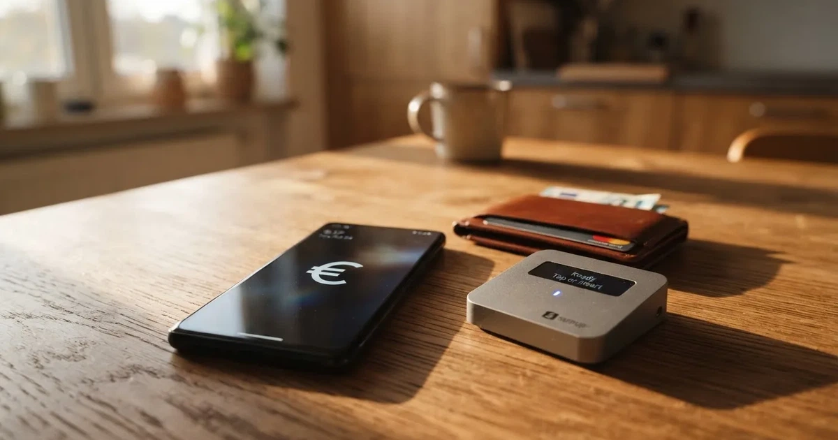 Kartenterminal und Smartphone auf einem Holztisch neben einer Geldbörse — handy casino echtgeld bonus ohne einzahlung