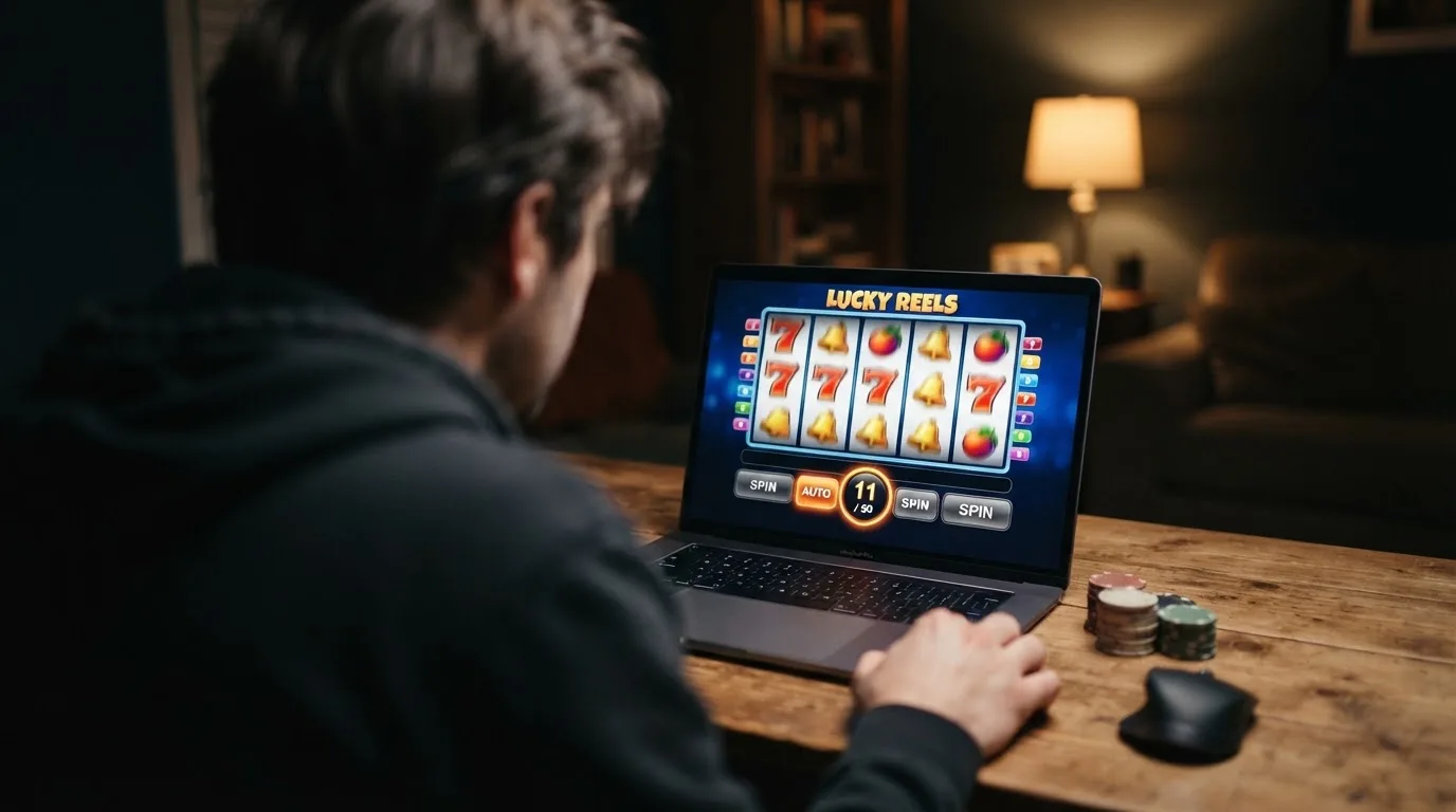 Person am Laptop liest eine Übersichtsseite zu Glücksspielen im Internet — online casino mit autoplay