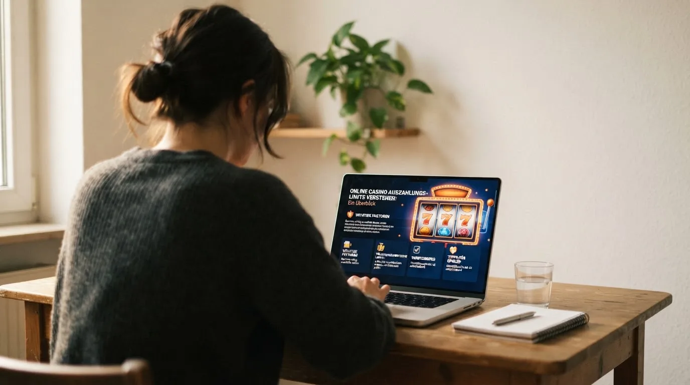 Person am Laptop liest eine Übersichtsseite zu Glücksspielen im Internet — online casino ohne auszahlungslimit