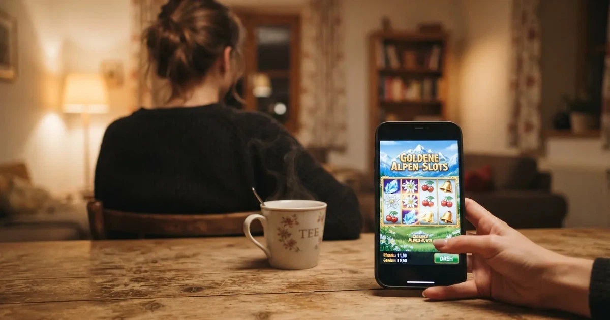 Hand hält ein Smartphone, daneben eine Tasse Tee, ruhige Abendstimmung am Küchentisch — online casino ohne auszahlungslimit