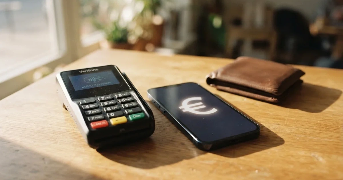 Kartenterminal und Smartphone auf einem Holztisch neben einer Geldbörse — online casino schnelle auszahlung